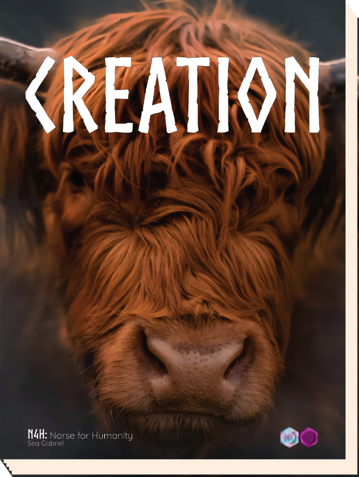 Close up of a cow with the title, Creation, across the front, the publisher and author, NornCrafts and Sea Gabriel, at the bottom, and wax seal logos.